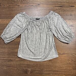 White House Black Market Blouse Womens Medium Silver Off Shoulder Puff Sleeve